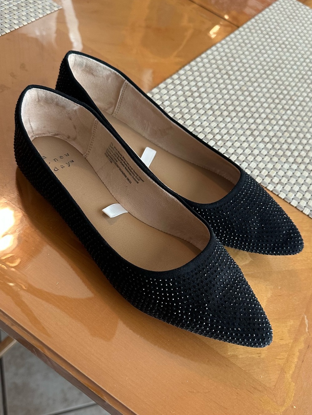 a new day Black Pointed Toe Rhinestone Ballet Flats